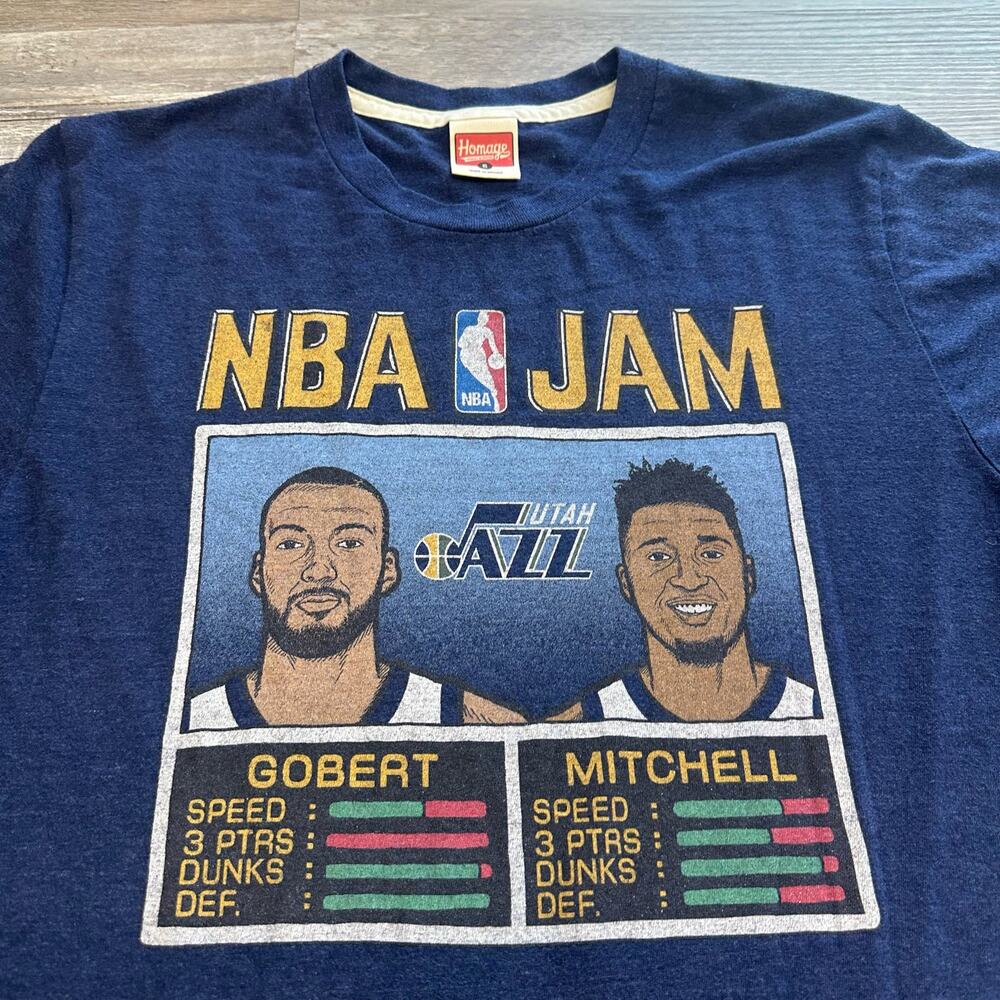 2020 NBA Jam Utah Jazz Gobert Mitchell Homage Blue mens S Basketball T-Shirt